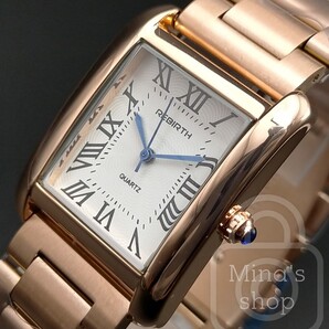 【アールと直線の折衷×ユニセックス寸でお洒落の範囲が広がる/新品】ローズゴールド/パールホワイト文字盤/3連ステンレスブレス クォーツ