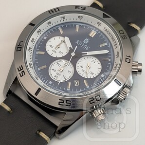 大人の為の大口径クロノグラフ【極太ベゼル×ワイドラグによる圧倒的存在感/新品】24時間計 日付 ロイヤルブルーパンダ/黒革 クォーツ