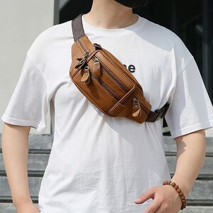 ●新品●本革 ウエストポーチ ボディバッグ 7ポケット<ライトブラウン>多機能 買い物 カジュアル 収納 手ぶら 手軽