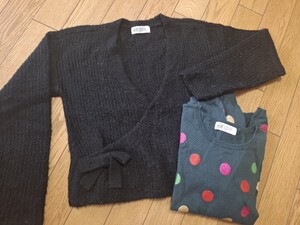 H&M トップス 2点セット ニット 黒 カシュクール グリーン ドット ガールズ サイズUS8/10 134/140