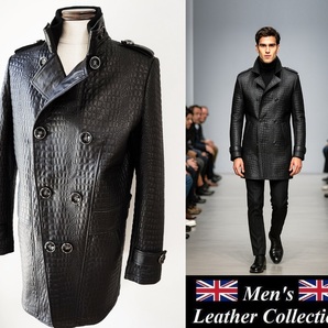 戦う男を優雅に彩る☆クロコダイル鰐キルティングベビーラム羊革レザーピーコート トレンチコート メンズ毛皮コート メンズファーコート