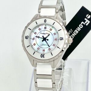 箱付 美品 腕時計 FLORENCE KELLY クォーツ quartz シェル 天然サファイア セラミック シルバー FLK-3900 フローレンスケリー Watch Y3665