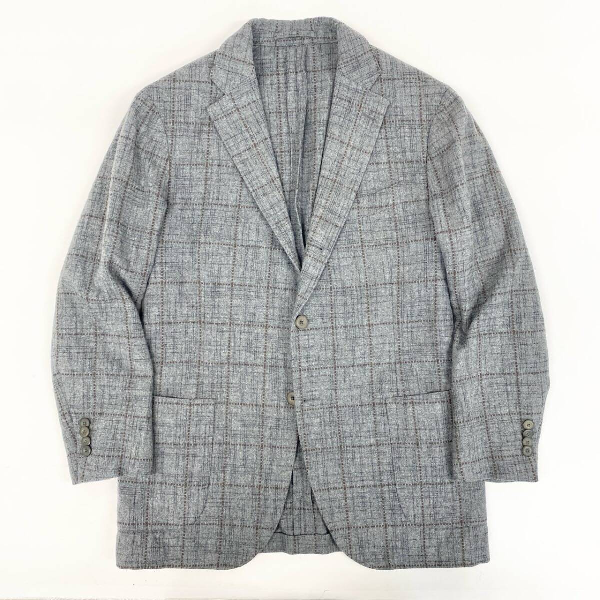 「美品」LARDINI グレー チェック テーラードジャケット 44 LARDINI グレー系チェック柄テーラードジャケット44サイズ