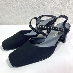 未使用◎t.inaba ティー.イナバ ビジュー付き ミュール ゴムバックストラップ ブラック 黒 23.5cm 撥水加工