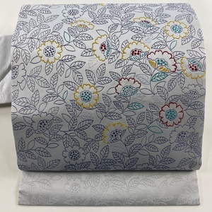 名古屋帯 美品 秀品 草花 ラメ箔 青灰色 正絹 【中古】