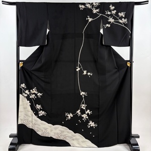 訪問着 身丈171cm 裄丈66cm M 袷 桜 波 金糸 金彩 黒 正絹 秀品 【中古】