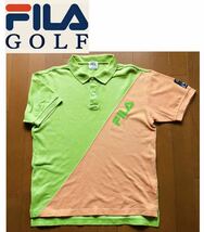 ★FILA GOLF フィラゴルフ★グリーンとオレンジの斜めカラーがお洒落！コットン素材のメンズ半袖ポロシャツ/L_画像1