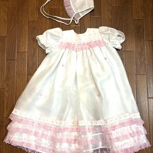 KATO ベビードレス セレモニー お宮参り 退院 記念日 撮影 帽子付き ヘッドドレス 白 ピンク ホワイト 女の子