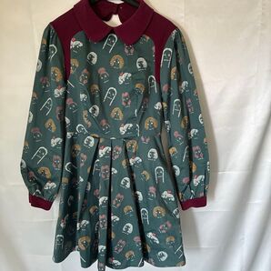 削除前個性派デザインワンピース 総柄 レトロ グリーン系 M ヴィンテージ風 モダン系 古着風 可愛い ミニワンピース