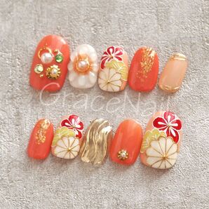 No.2035 現品販売!ネイルチップ ショート 成人式卒業式袴着物振袖和柄