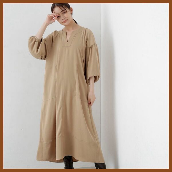 NANO universe ワンピース ロングワンピース 5分袖ワンピース ベージュ Lサイズ ゆったりサイズ キーネック 限定