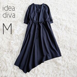 idea diva イデアディーバ/7分袖ドロストワンピース M 2サイズ ネイビー 紺 アシンメトリー ロング 半端丈 無地