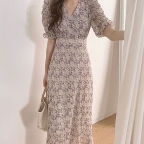 ☆SALE☆シフォン レトロ ロング花柄ワンピース パープル Mサイズ 夏秋