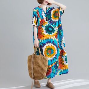 ワンピース ゆったり Aライン 体型カバー 華やか