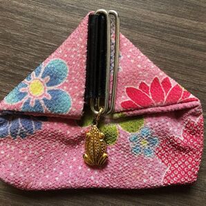 used 和風 花柄 コインケース 小銭入れ カエル 蛙 ゴールド チャーム 財布 布 折り畳み 五角形 ピンク ウォレット 日本