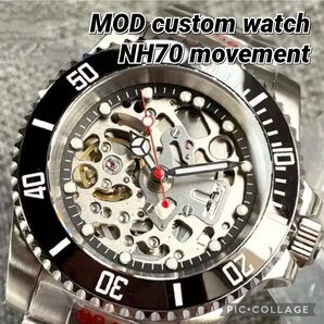 【NH70 MOD カスタム 自動巻 腕時計】スケルトン シルバー 赤 銀 黒 オマージュ 新品 未使用