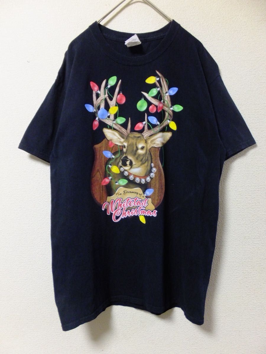 FRUIT OF THE LOOM クリスマス 鹿 ライト 黒T M XMAS ホリデー アート