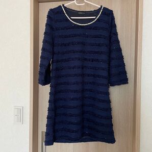 【C.D.S】ワンピース ひざ丈 長袖 ネイビー ボーダー