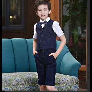 4点セット 半袖 ネイビー チェック スーツ ベスト 170