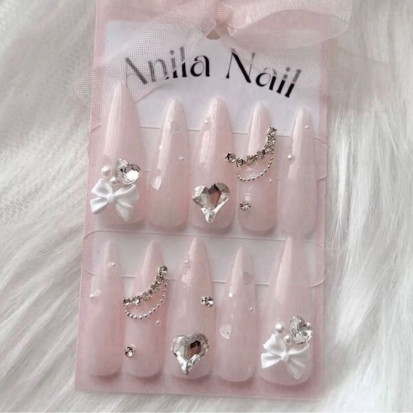 オーダー ネイルチップ 量産型 スナ系 リボン ツイード ハート 韓国 現品 ネイル ガーリー ワンホン フレンチ ちゅるちゅる