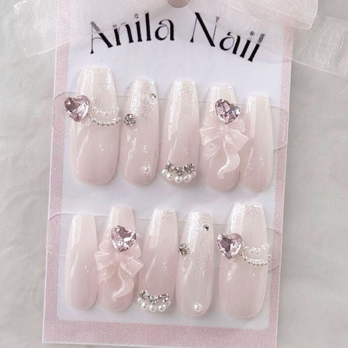 オーダー ネイルチップ 量産型 スナ系 リボン ツイード ハート 韓国 現品 ネイル ガーリー ワンホン フレンチ ちゅるちゅる