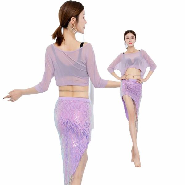 ベリーダンス新しいメッシュベリーダンス服3ピースセット女性のベリーダンススカート+トップ+ウエストチェーンベリーダンスの衣装セクシ