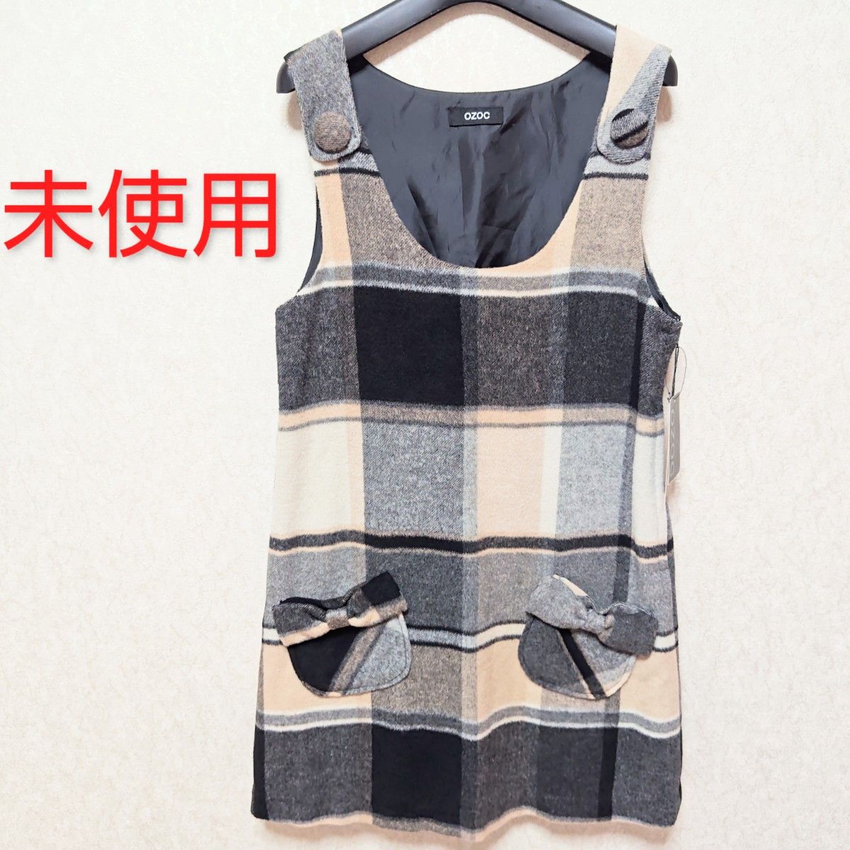 未使用 OZOC チェック柄 ノースリーブ チュニック カットソーワンピース M カットソーワンピース 総大柄チェック 毛混 