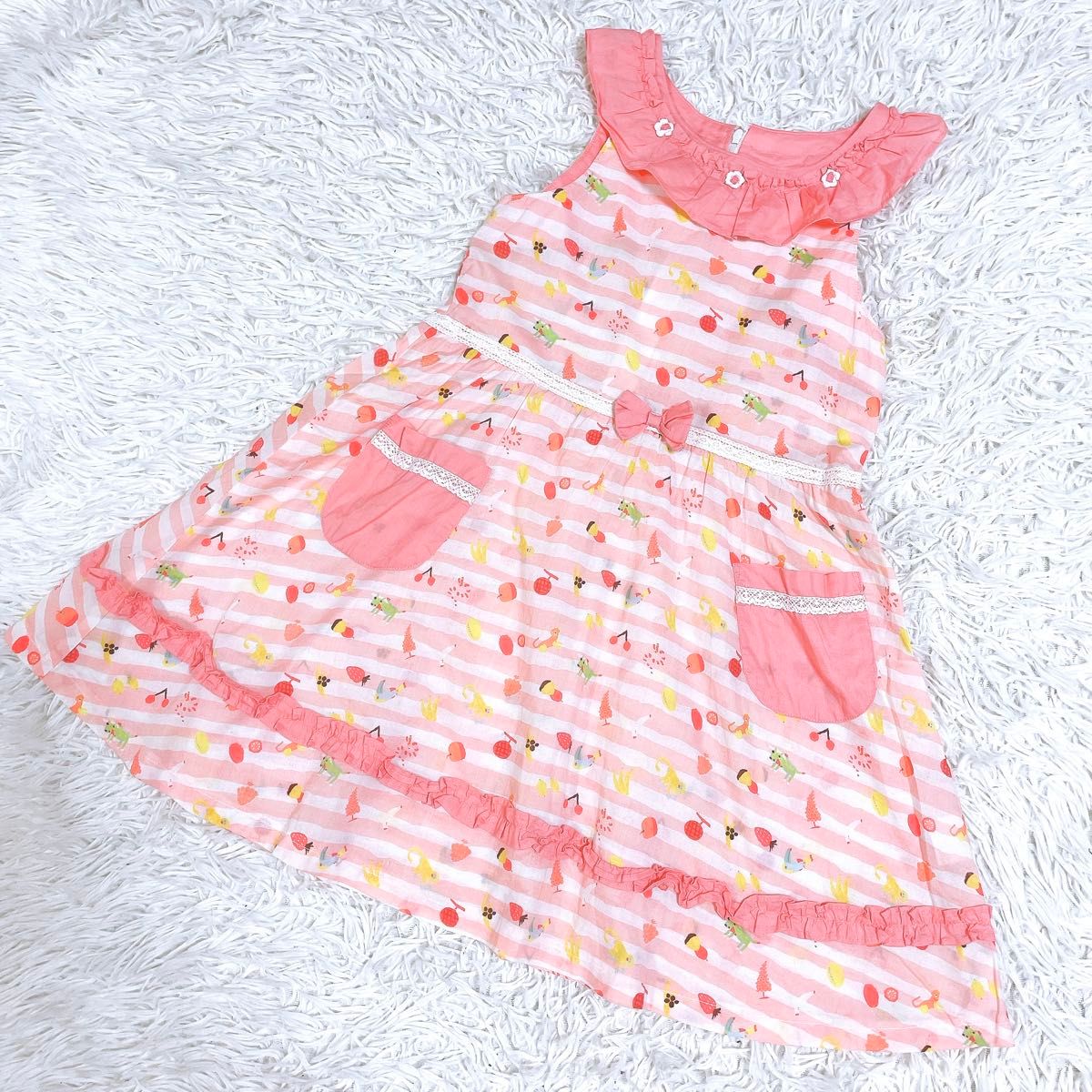 美品 souris フルーツ柄 ワンピース 130 子供服 ボーダー ピンク かわいい ノースリーブ キッズ スーリー 