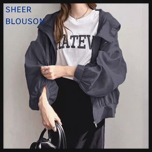 【ネイビー】シアーブルゾン シアーパーカー フード 薄手 透け感 軽量 ジャケット ゆったり 長袖 シースルー おしゃれ 秋