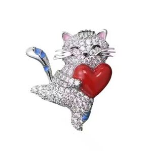 ブローチ 猫と赤いハート シルバーカラー ネコ ねこ 小さい かわいい 可愛い キュート キラキラ アクセサリーピン