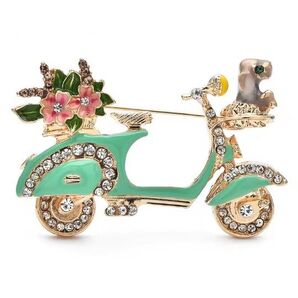 ブローチ 子犬とスクーター バイク グリーン 花 ジルコニア ラインストーン かわいい 可愛い キュート アクセサリーピン