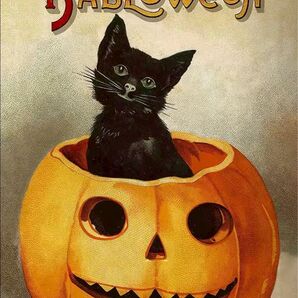 ★即購入OK★キャンバスアート ファブリックポスター アートポスター かぼちゃ 黒猫 ハロウィン ヴィンテージ レトロ