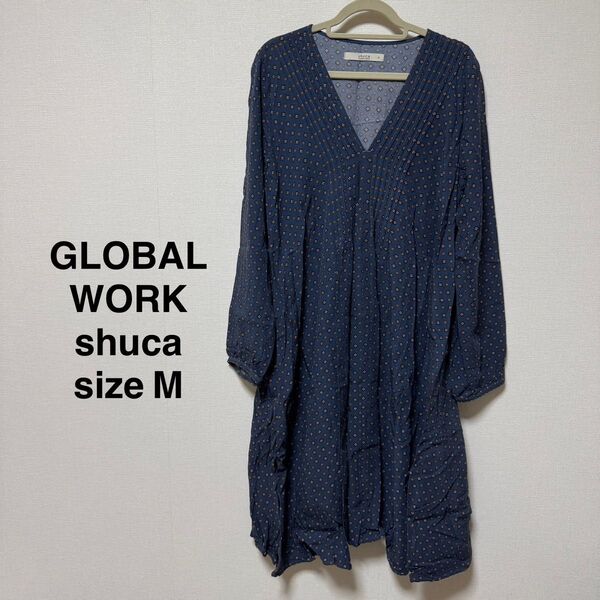 【GLOBAL WORK shuca】総柄 Vネック チュニック ワンピース ネイビー系 小花柄 レトロ Mサイズ