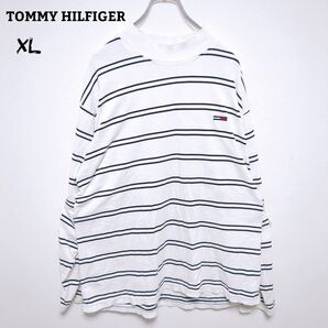 希少 USA古着 90sトミージーンズ ボーダー モックネック ロングTシャツ ホワイト オーバーサイズ