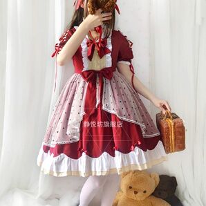 フルセット ロリータワンピース 白雪姫モチーフ 半袖赤 Mサイズ ドレス