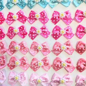 44個 4色 ビーズ付き 水玉柄サテンリボン リボンモチーフ パーツ ハンドメイド
