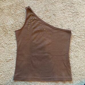 ワンショルダー ラインストーン トップス へそ出し