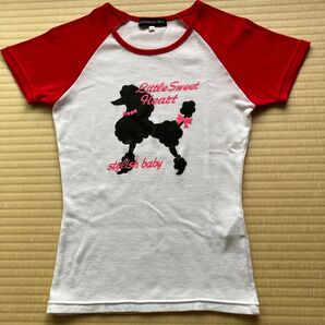 ELLEALLO DIV. プードル柄 ラグランTシャツ Mサイズ レッド ホワイト