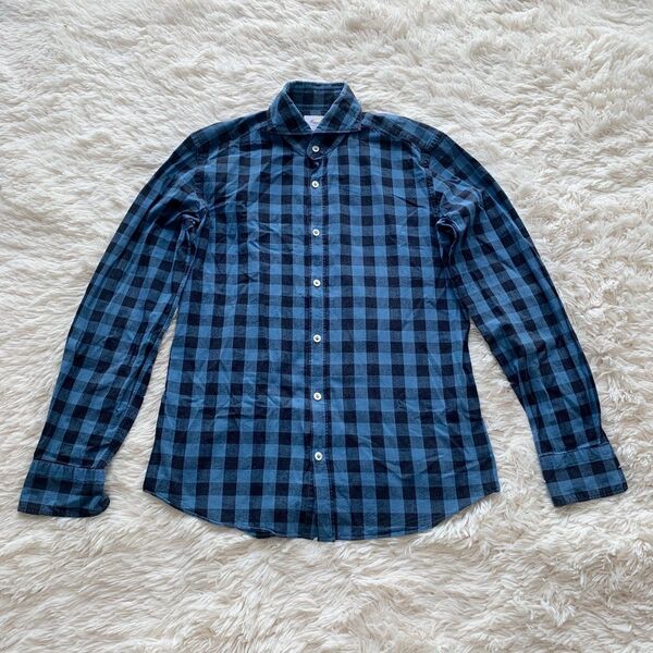 美品 ジャンネット GIANNETTO ホリゾンタルカラー シャツ チェック 長袖 コットン100% ネイビー ブルー系 メンズ