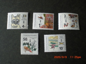第8回ビエンナーレ子供の絵本展ー花を持つ猫ほか　５種完　未使用　1981年　チェコスロバキア共和国　VF/NH