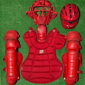 軟式野球 キャッチャー ヘルメット マスク プロテクター レガース 防具 ゼット レッド 捕手 セット 小柄な大人用