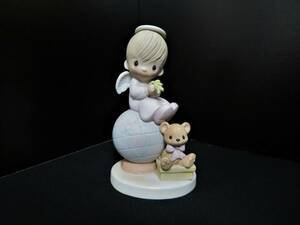 R37★サイン入り?15.5cm×9cm★ Precious Moments プレシャスモーメント エネスコ 陶器人形 アンティークドール / 地球儀 クマ