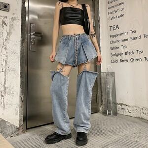  Denim separate jeans bottoms deformation dance costume Korea oru tea n pants short pants wide pants wide leg pants 