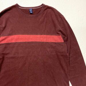 00's Gap GAP chest border cotton T-shirt long sleeve (L) rib less wine Red Line entering Crew long T 00 period old tag Old 