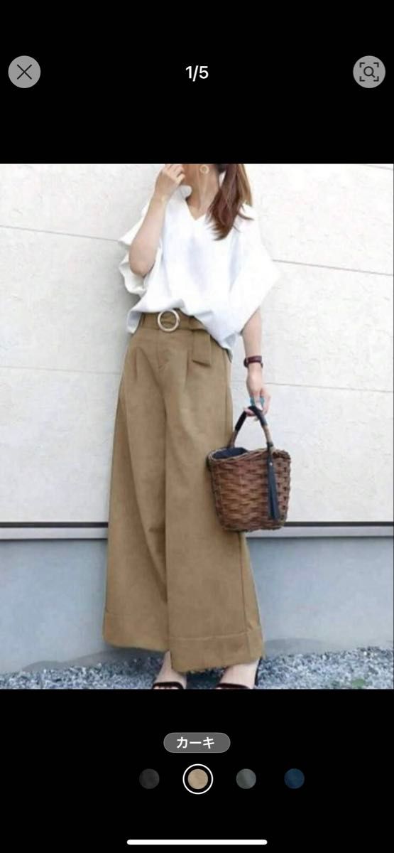 ワイドパンツ カーキ ガウチョパンツ カジュアルパンツ 白ブラウストップス　レディース
