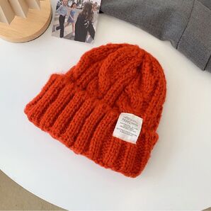 秋冬 定番 ニット帽 ケーブルニット ざっくり編み タグ レッド