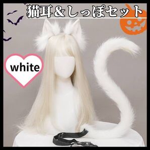 【白】猫耳 しっぽ コスプレ アクセサリー 動物 ヘッド バンド セット ねこ
