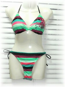 niconico mare Italy made separate swimsuit size 10(L~LL) colorful border × Stone decoration string bread 