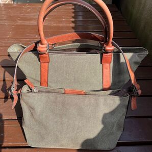 キャンバス×レザー トートバッグ カーキ ブラウン 2WAY