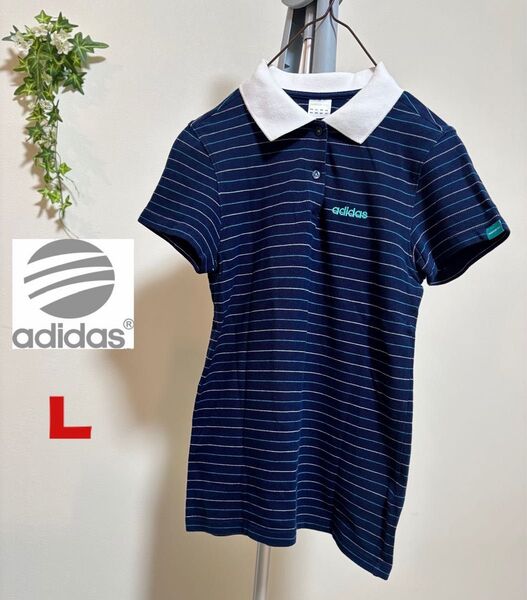 【adidas neo】【Lサイズ】アディダスネオ レディース 半袖 ポロシャツ トップス カットソー ボーダー柄 スポーツゴルフ